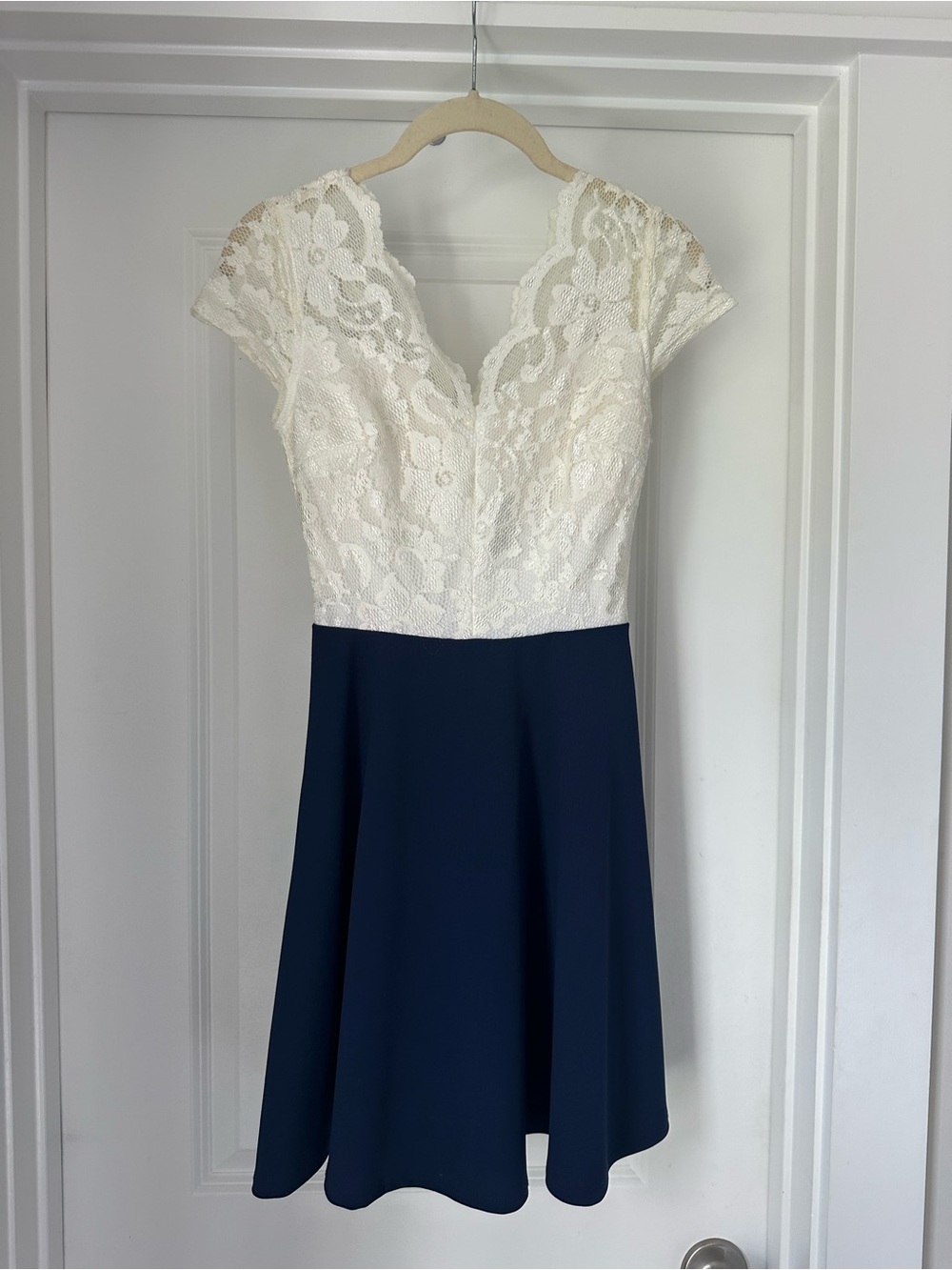 Juniors Navy and Ivory Lace Fit & Flare Dress